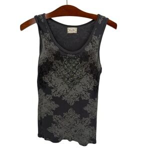 Miss Me Women's Size Medium Tank Top Gray Beaded Floral Print Sleeveless Shirt